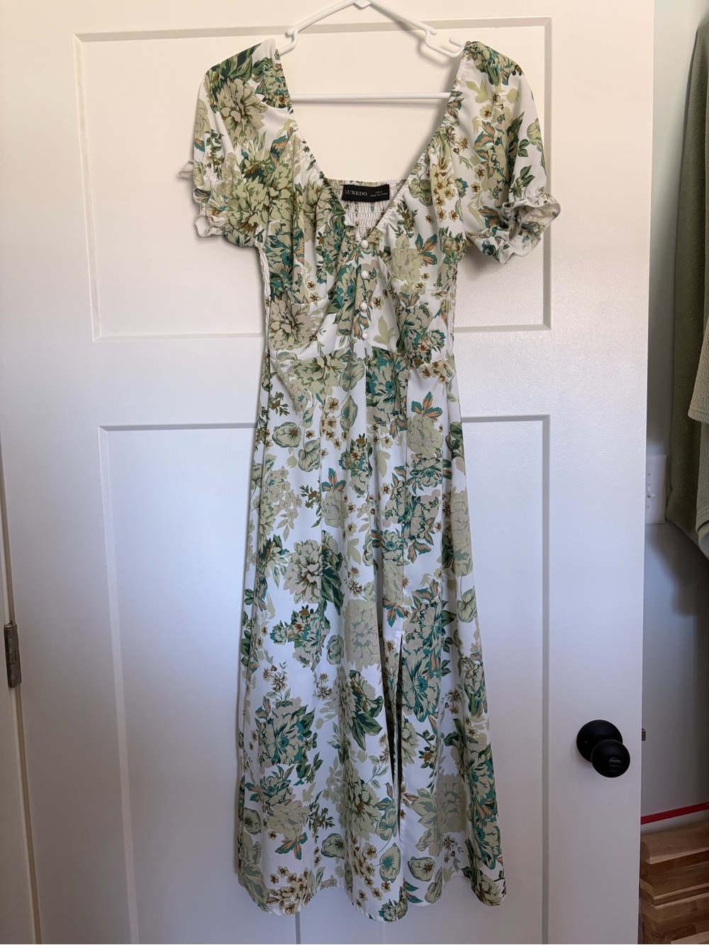 Luxe Cream Maxi Dress with Green Floral Print